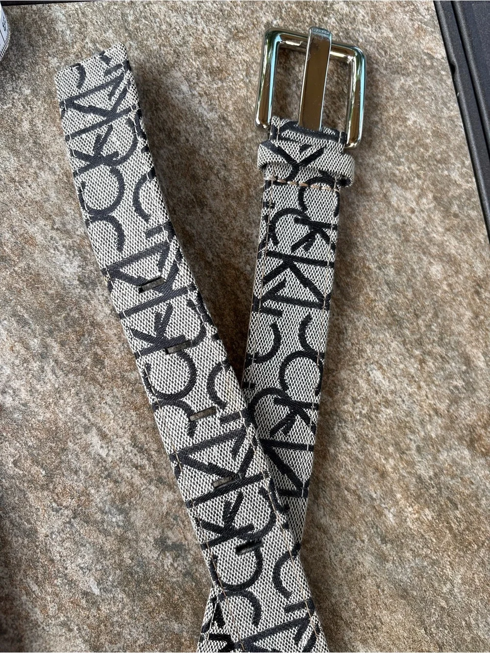 Calvin Klein Black & White Logo-Patterned Men's Belt with Silver Buckle
